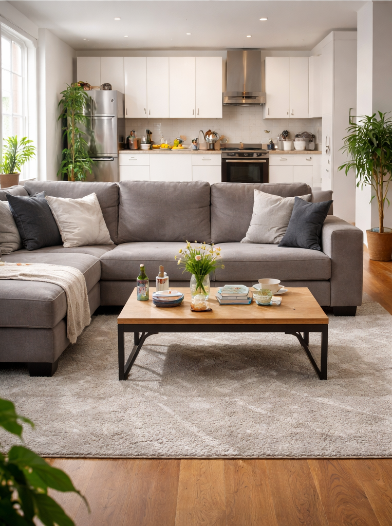 Cozy living room interior with gray sectional sofa, modern coffee table, and open kitchen in background. Home decor and furniture.