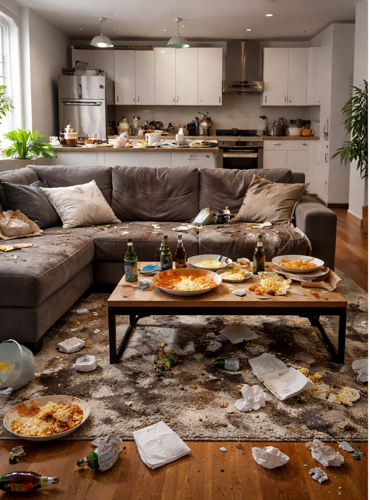 Messy living room image: Food and trash strewn across the floor, sofa, and coffee table in a cluttered home interior.