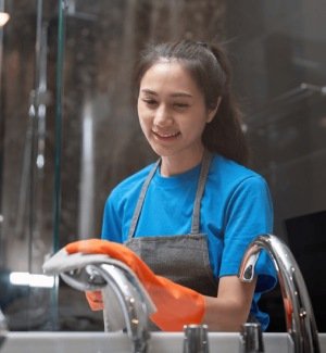 Woman cleaning bathroom faucet with gloves and cloth. House cleaning services for spotless homes.