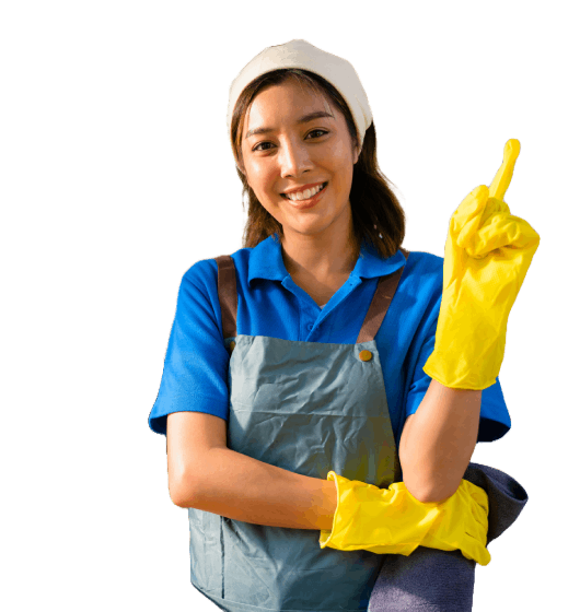 Smiling cleaning lady in uniform and gloves points up, professional cleaner service concept, housekeeping services.